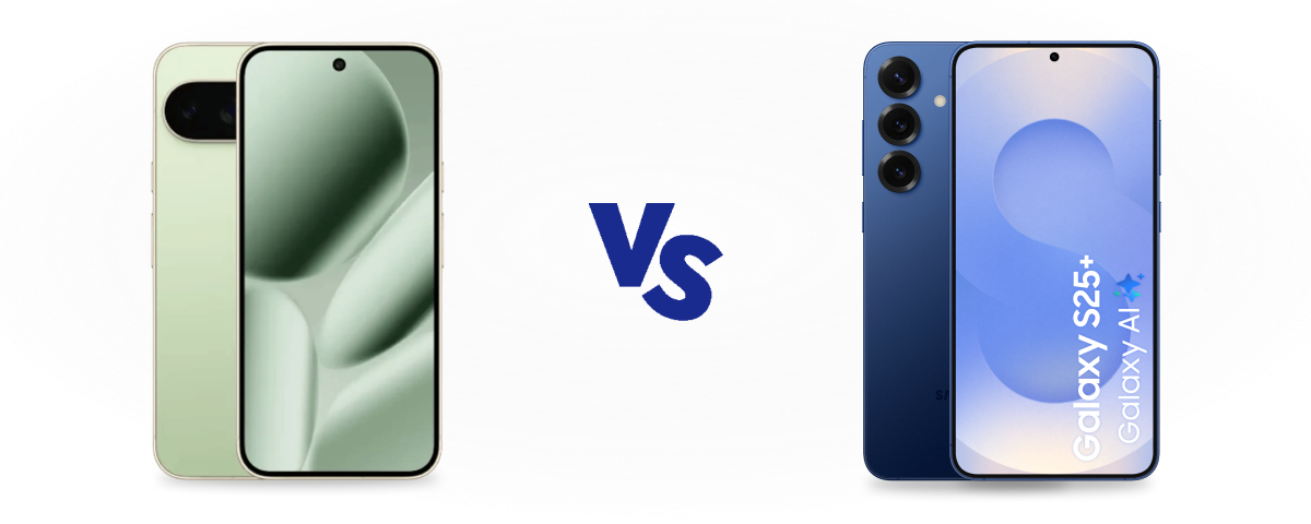 Google Pixel 10 Pro XL lichtgroen vs Samsung Galaxy S25 Plus donkerblauw