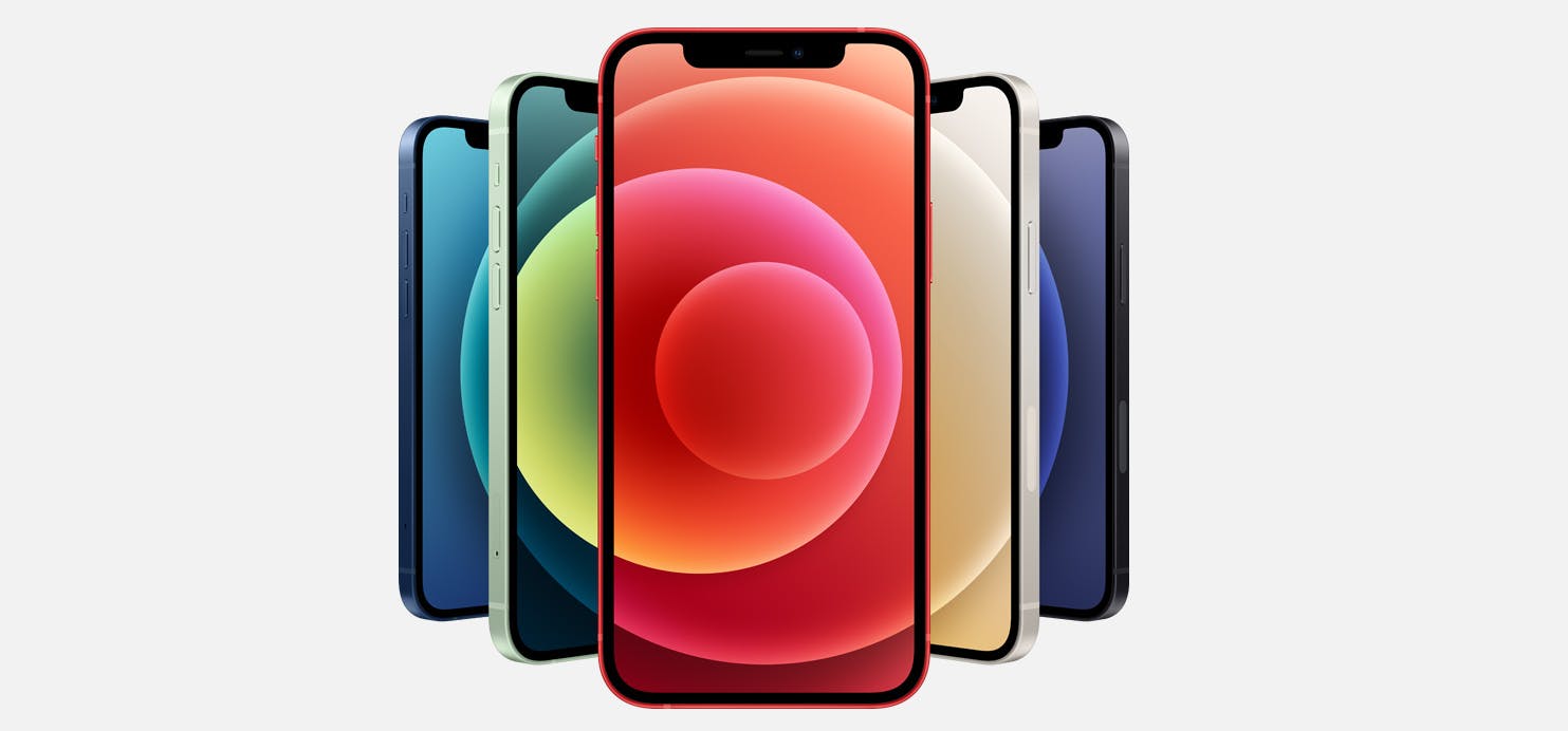 iPhone/iPhone mini in alle beschikbare kleuren: blauw, groen, rood, wit en zwart